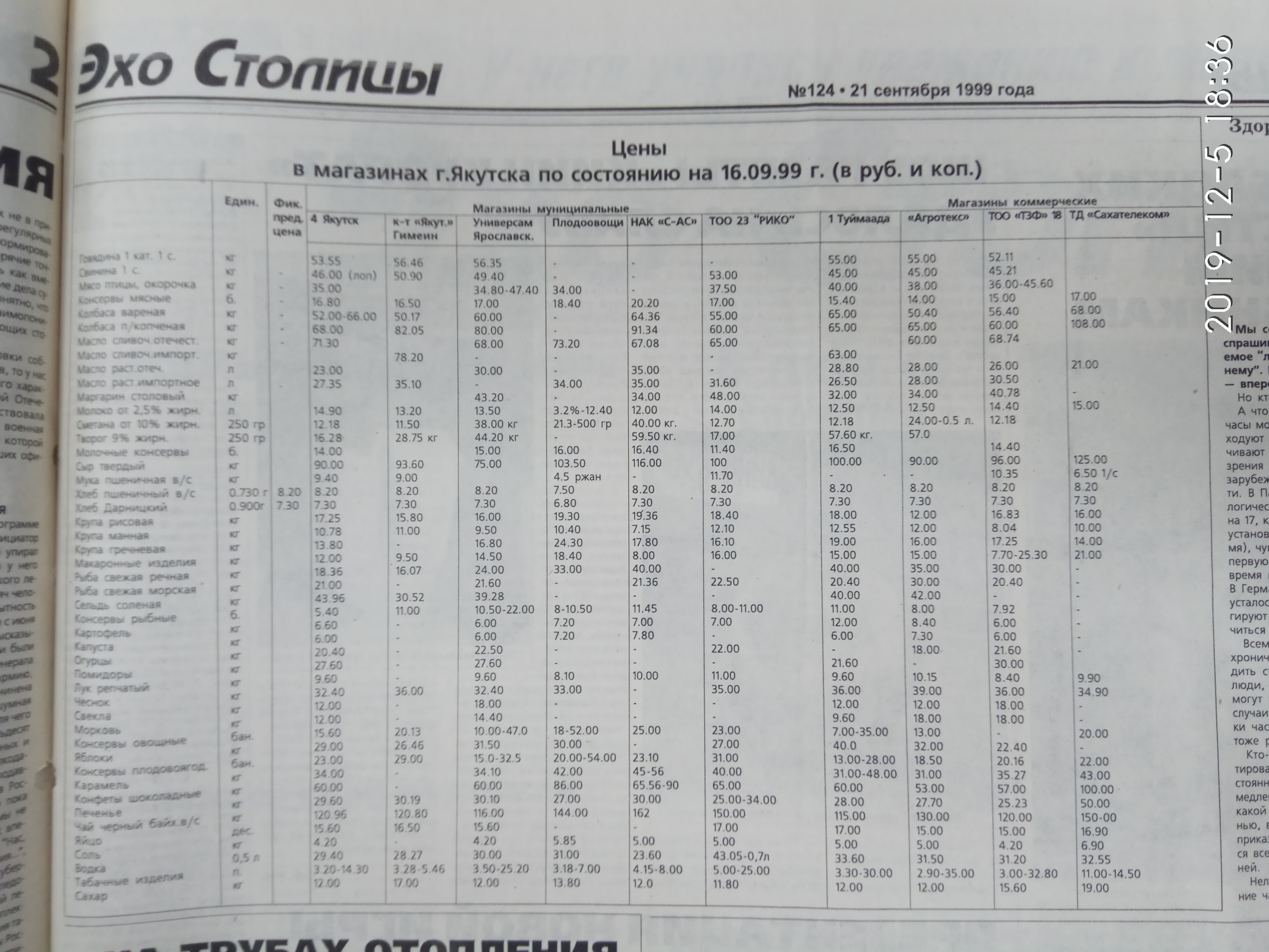 Цены в магазинах г.Якутска на 16.09.99