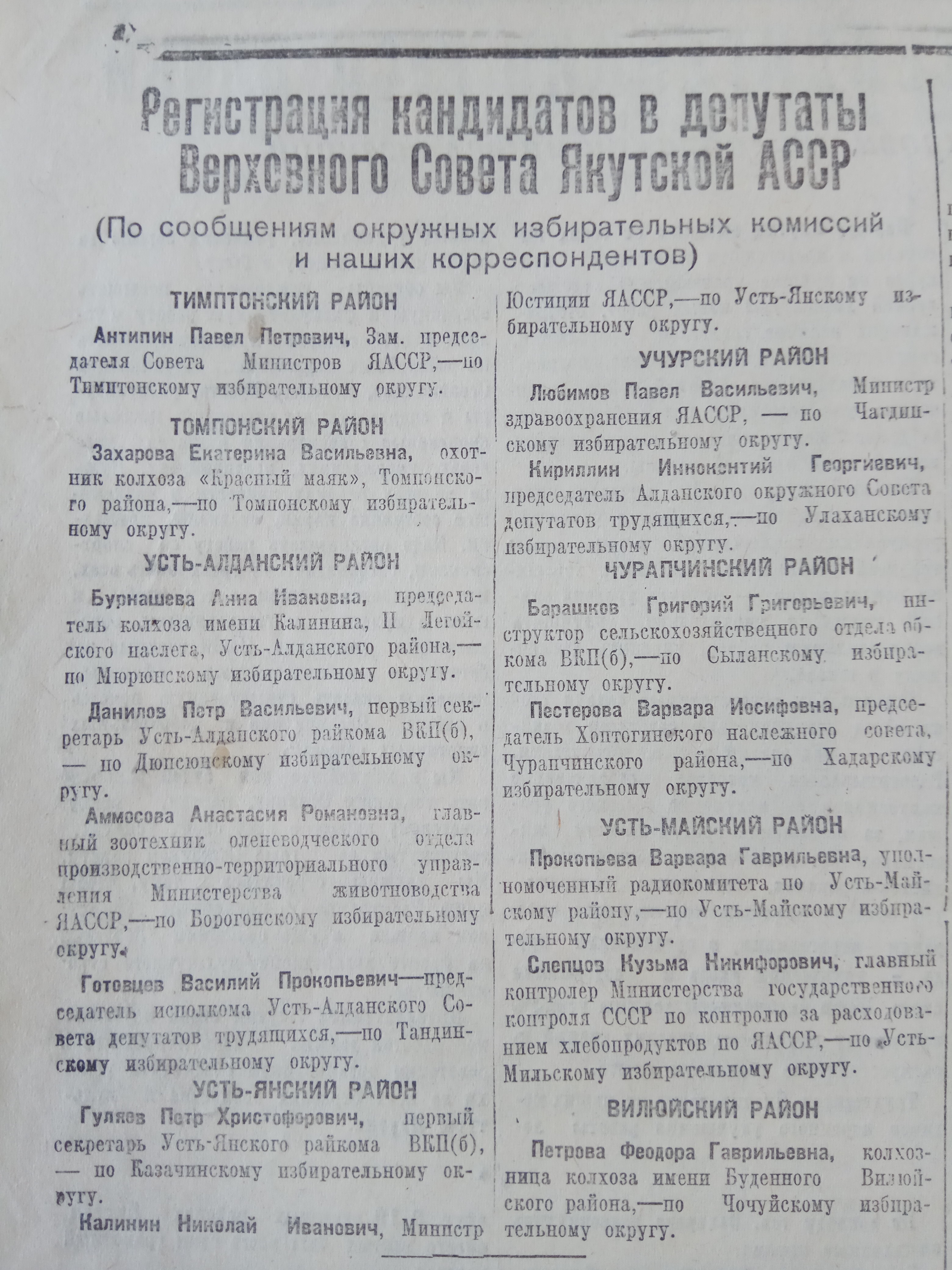 Регистрация кандидатов в депутаты Верховного Совета Якутской АССР