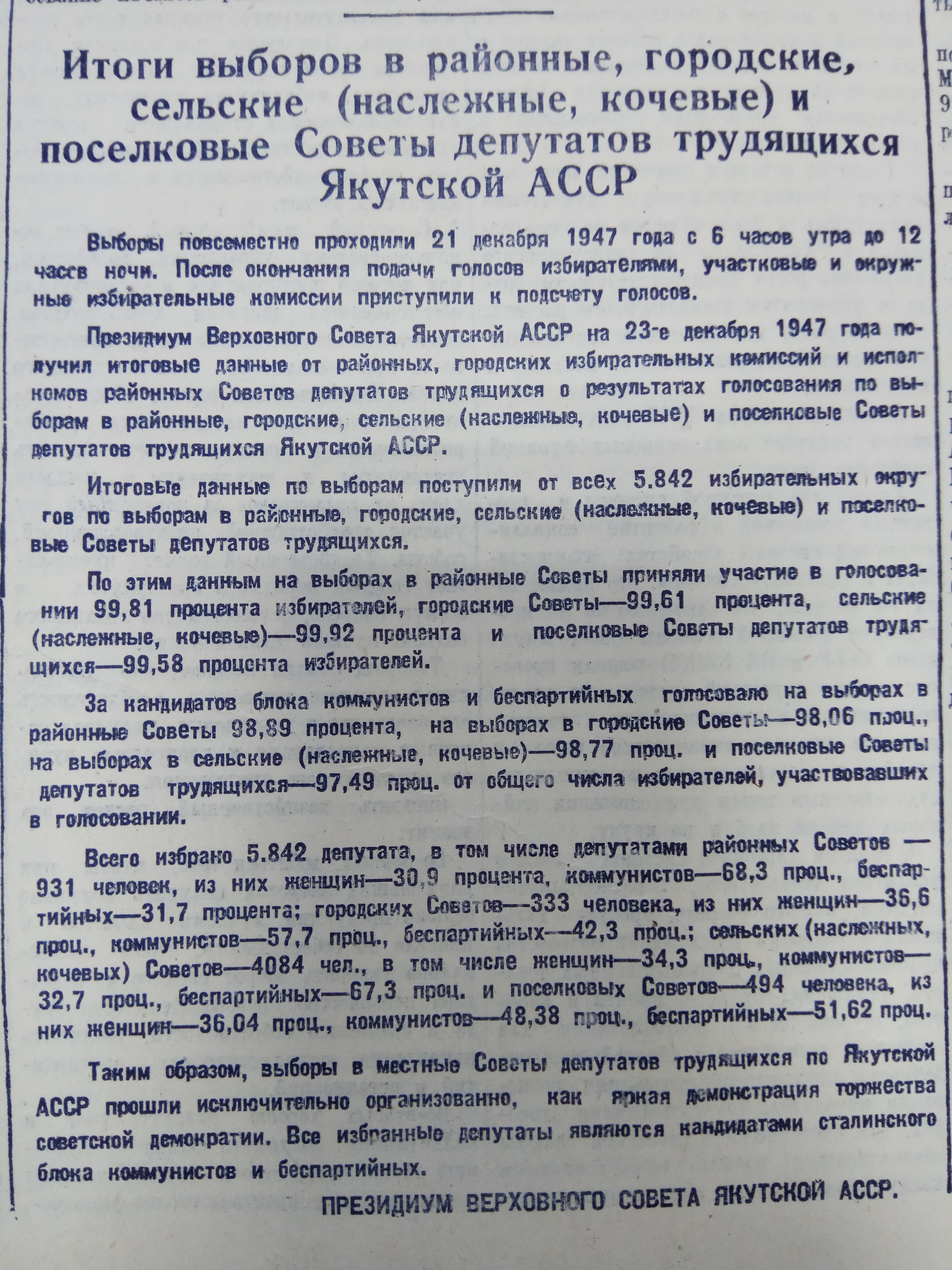 Итоги выборов в местные Советы депутатов трудящихся
